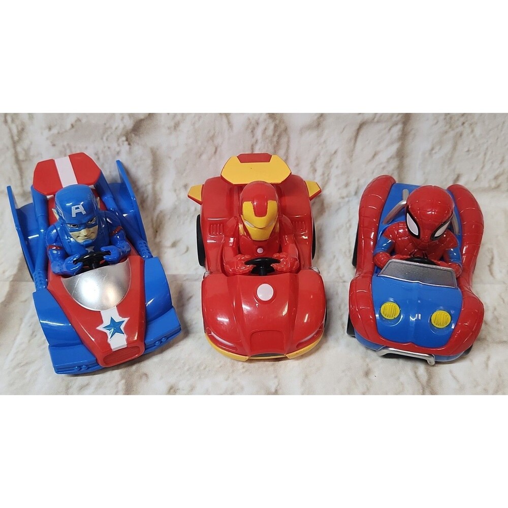 Lot of 3 Marvel Super Hero Adventures Pull Back Figures Racer Toy Cars